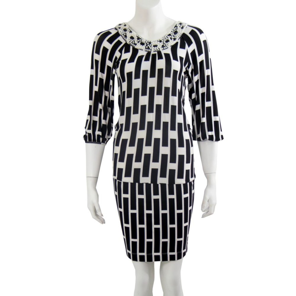 BCBG New Black White Dress Beaded Collar Check Party Cocktail Small